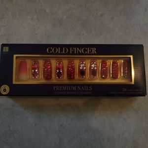 Gold Finger press on red nails kit with jewels new